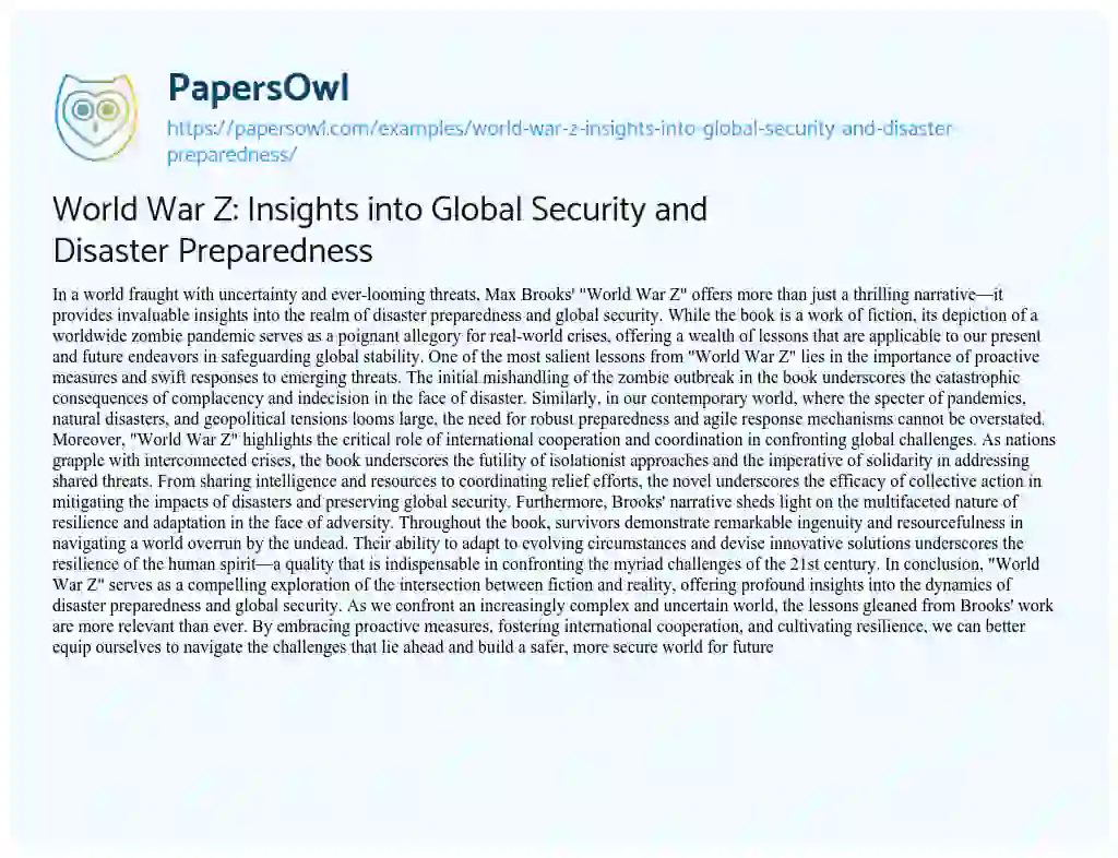 Essay on World War Z: Insights into Global Security and Disaster Preparedness