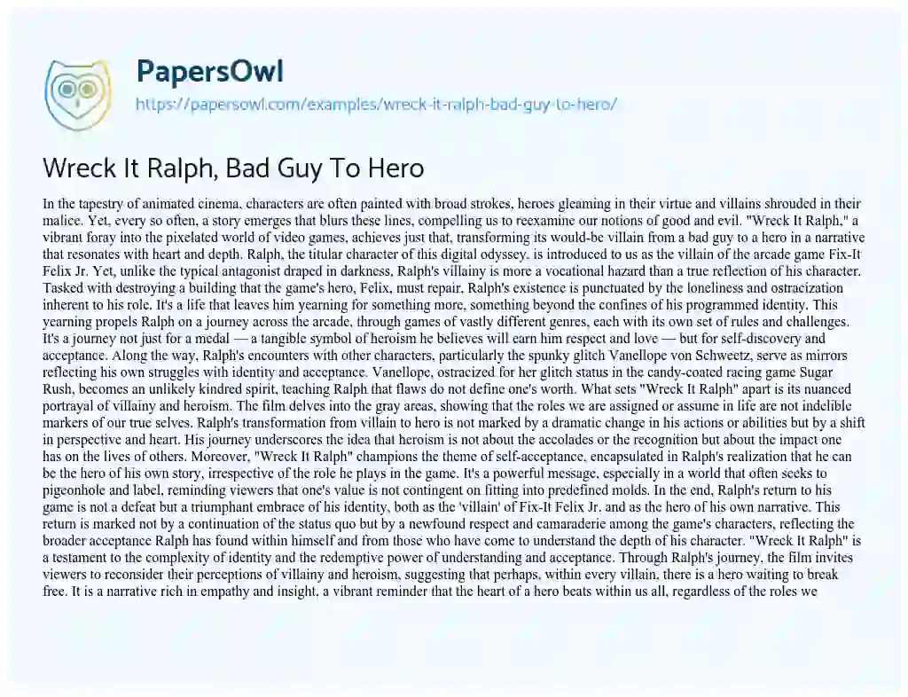 Essay on Wreck it Ralph, Bad Guy to Hero