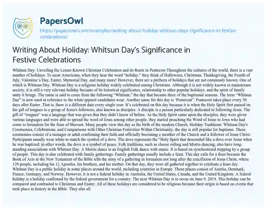 Essay on Writing about Holiday: Whitsun Day’s Significance in Festive Celebrations