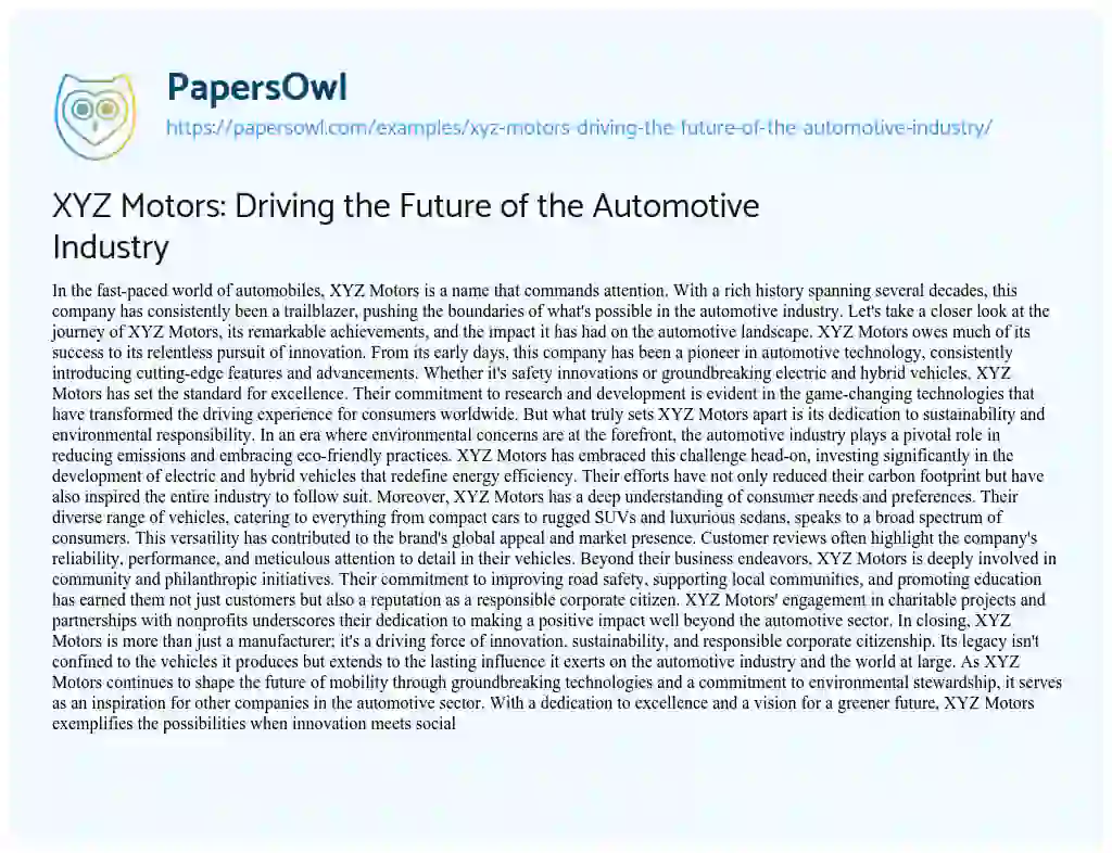 Essay on XYZ Motors: Driving the Future of the Automotive Industry