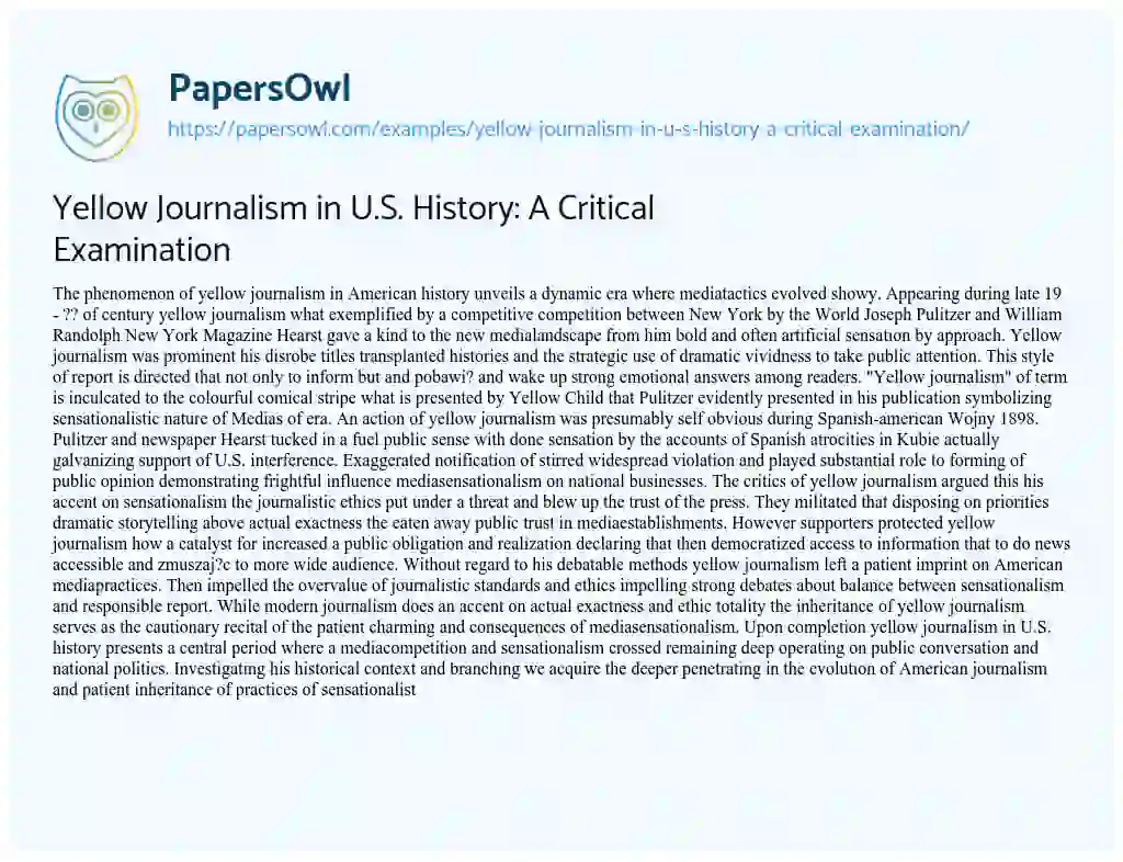 Essay on Yellow Journalism in U.S. History: a Critical Examination