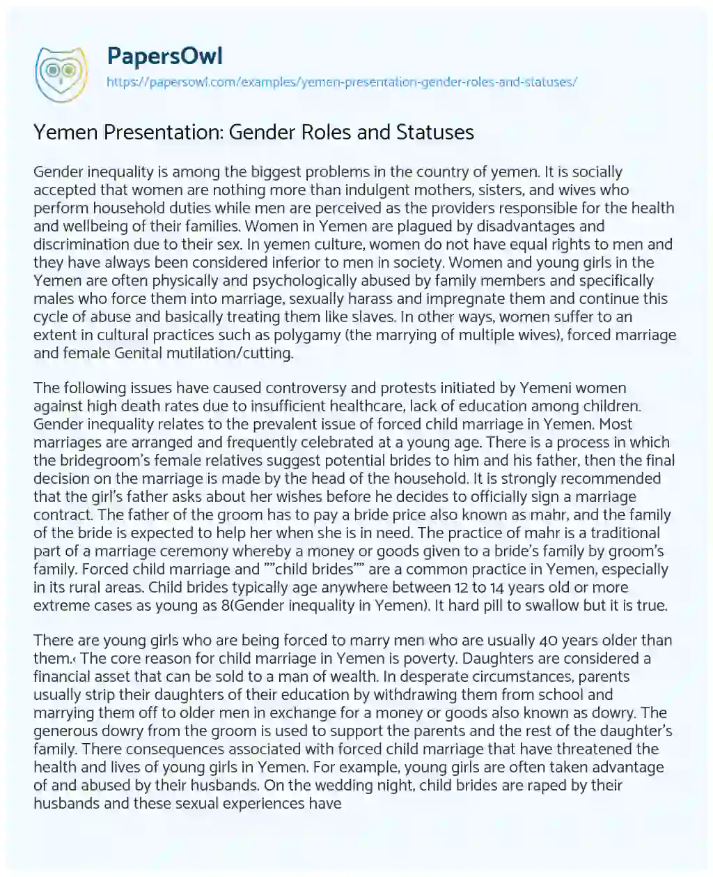 Essay on Yemen Presentation: Gender Roles and Statuses