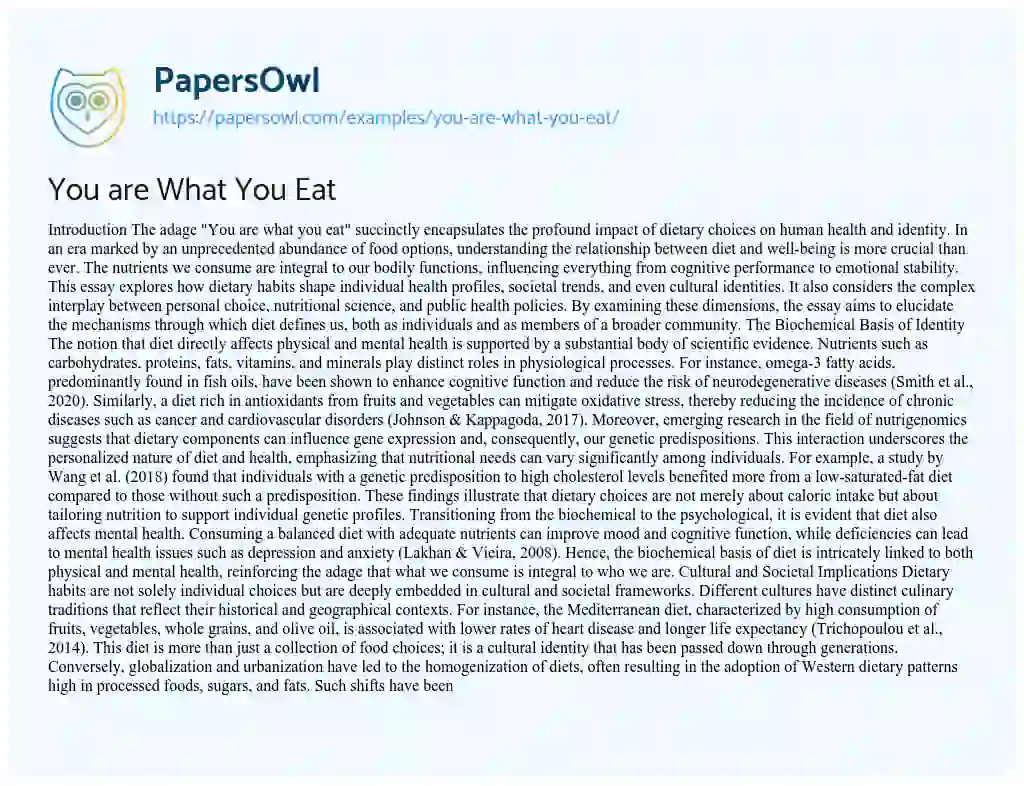 Essay on You are What You Eat