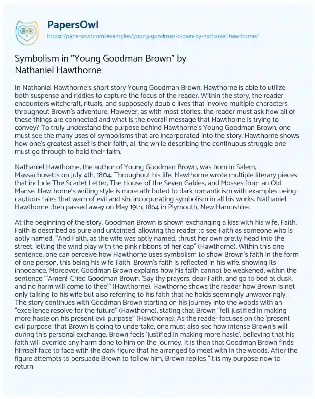 Symbolism in “Young Goodman Brown” by Nathaniel Hawthorne essay