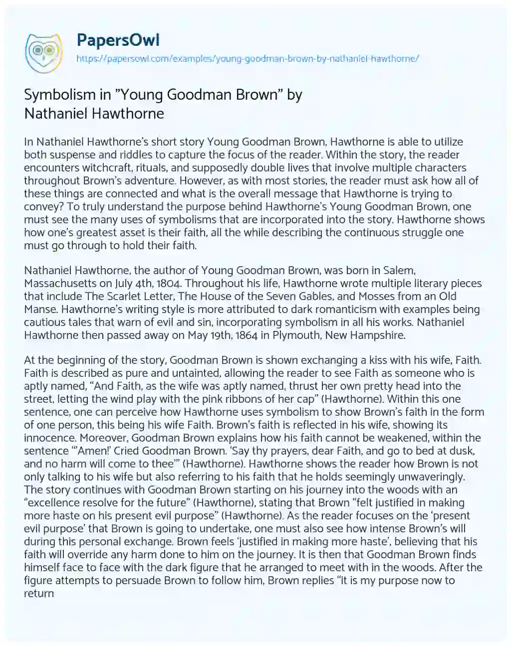 Essay on Symbolism in “Young Goodman Brown” by Nathaniel Hawthorne