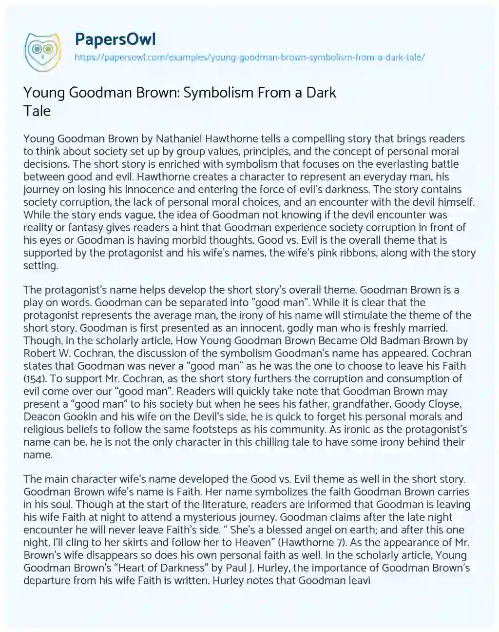 Young Goodman Brown: Symbolism from a Dark Tale essay