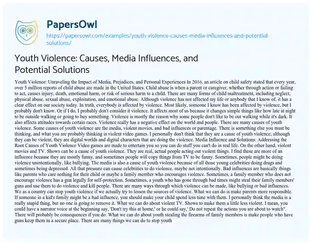 Essay on Youth Violence: Causes, Media Influences, and Potential Solutions