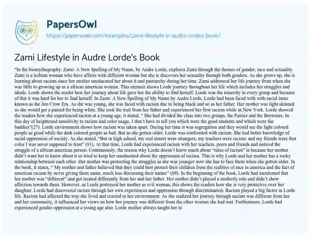 Essay on Zami Lifestyle in Audre Lorde’s Book