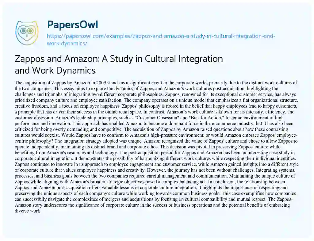 Essay on Zappos and Amazon: a Study in Cultural Integration and Work Dynamics