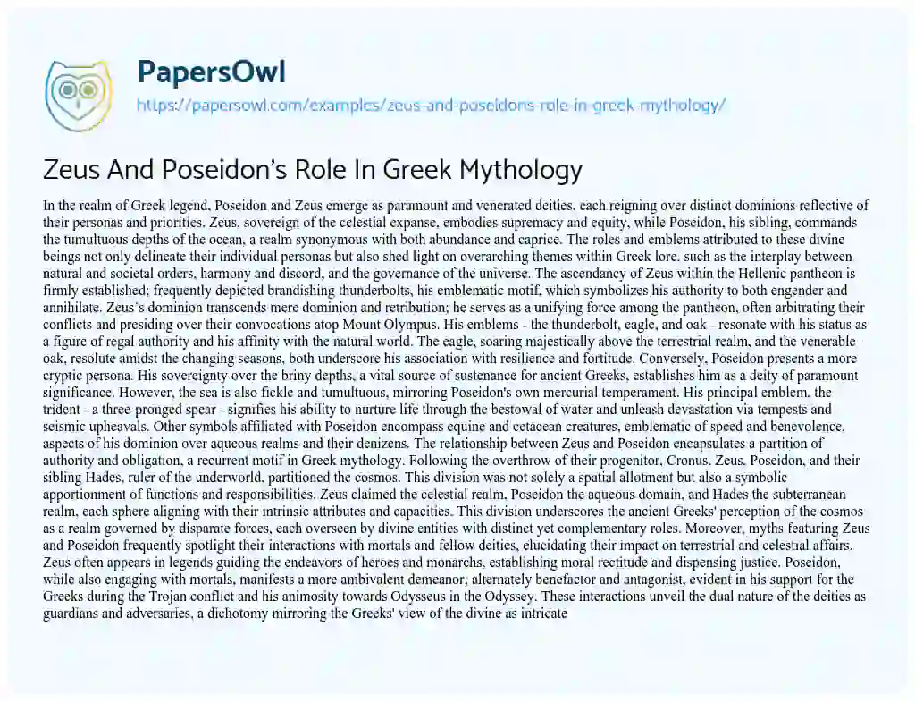 Essay on Zeus And Poseidon’s Role In Greek Mythology