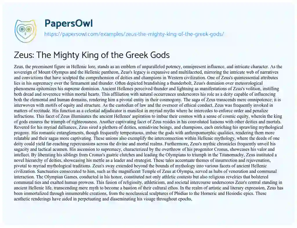 Essay on Zeus: the Mighty King of the Greek Gods