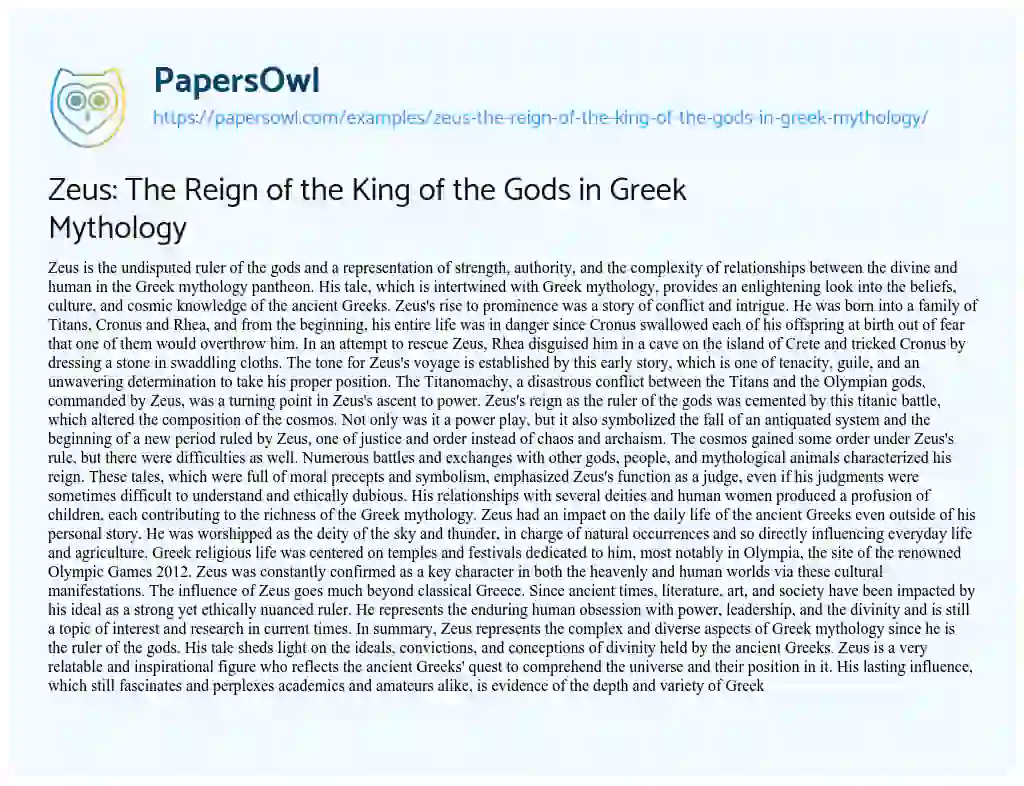 Essay on Zeus: the Reign of the King of the Gods in Greek Mythology