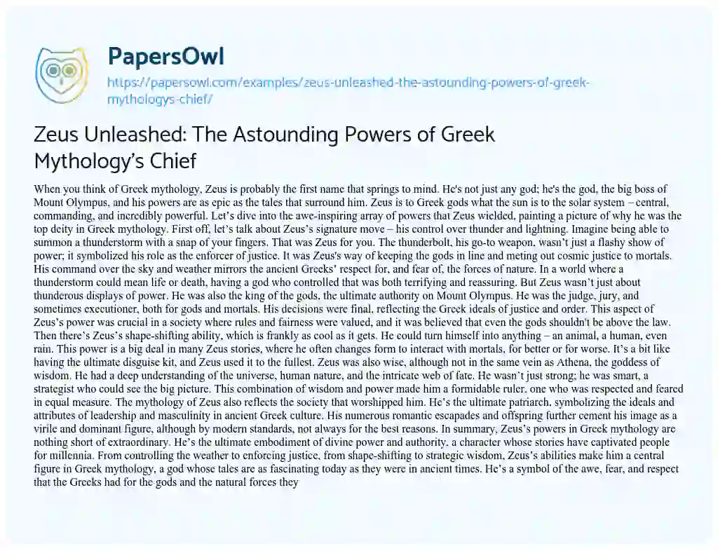 Essay on Zeus Unleashed: the Astounding Powers of Greek Mythology’s Chief