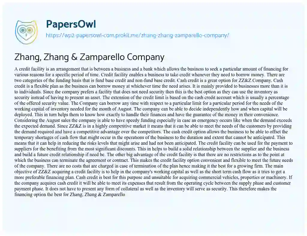 Essay on Zhang, Zhang & Zamparello Company