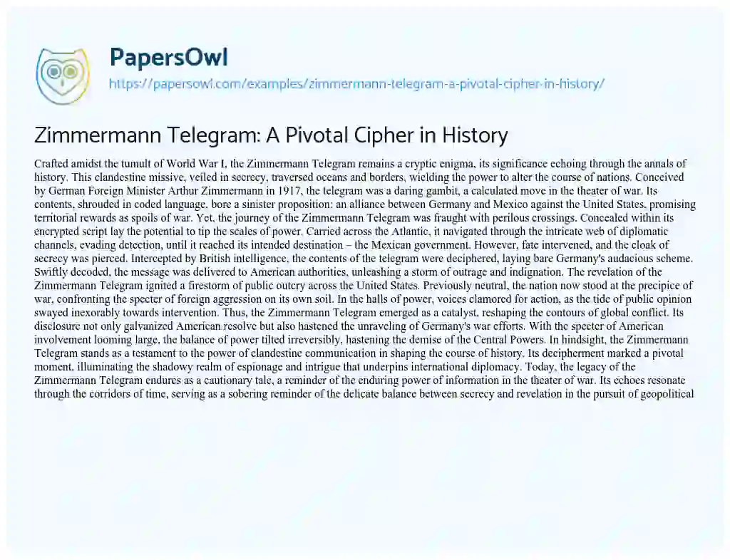 Essay on Zimmermann Telegram: A Pivotal Cipher in History