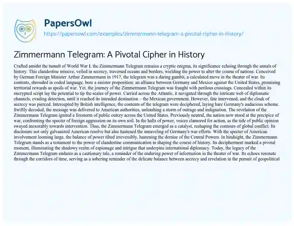 Essay on Zimmermann Telegram: a Pivotal Cipher in History