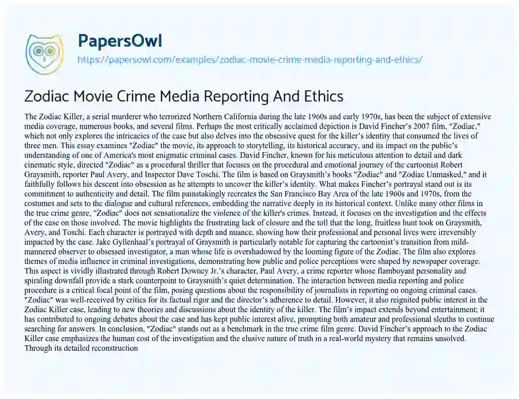 Essay on Zodiac Movie Crime Media Reporting and Ethics