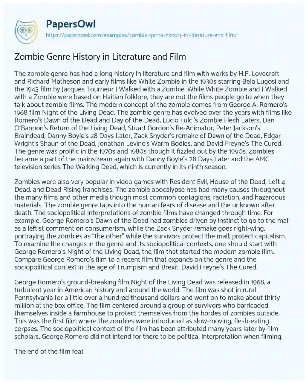 Essay on Zombie Genre History in Literature and Film