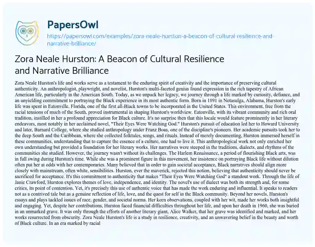 Essay on Zora Neale Hurston: a Beacon of Cultural Resilience and Narrative Brilliance