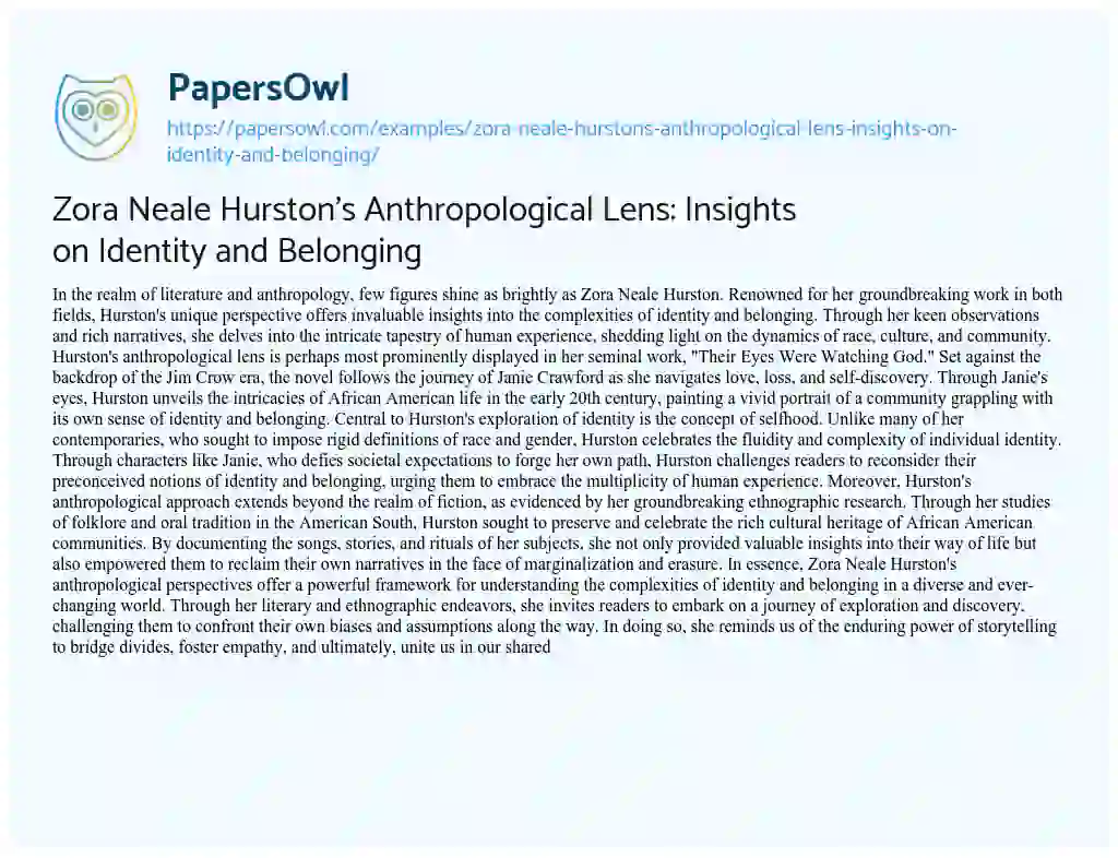 Essay on Zora Neale Hurston’s Anthropological Lens: Insights on Identity and Belonging