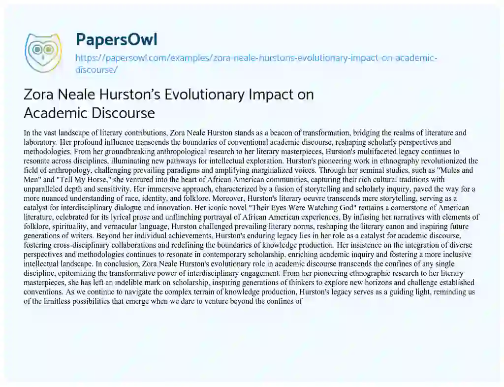 Essay on Zora Neale Hurston’s Evolutionary Impact on Academic Discourse