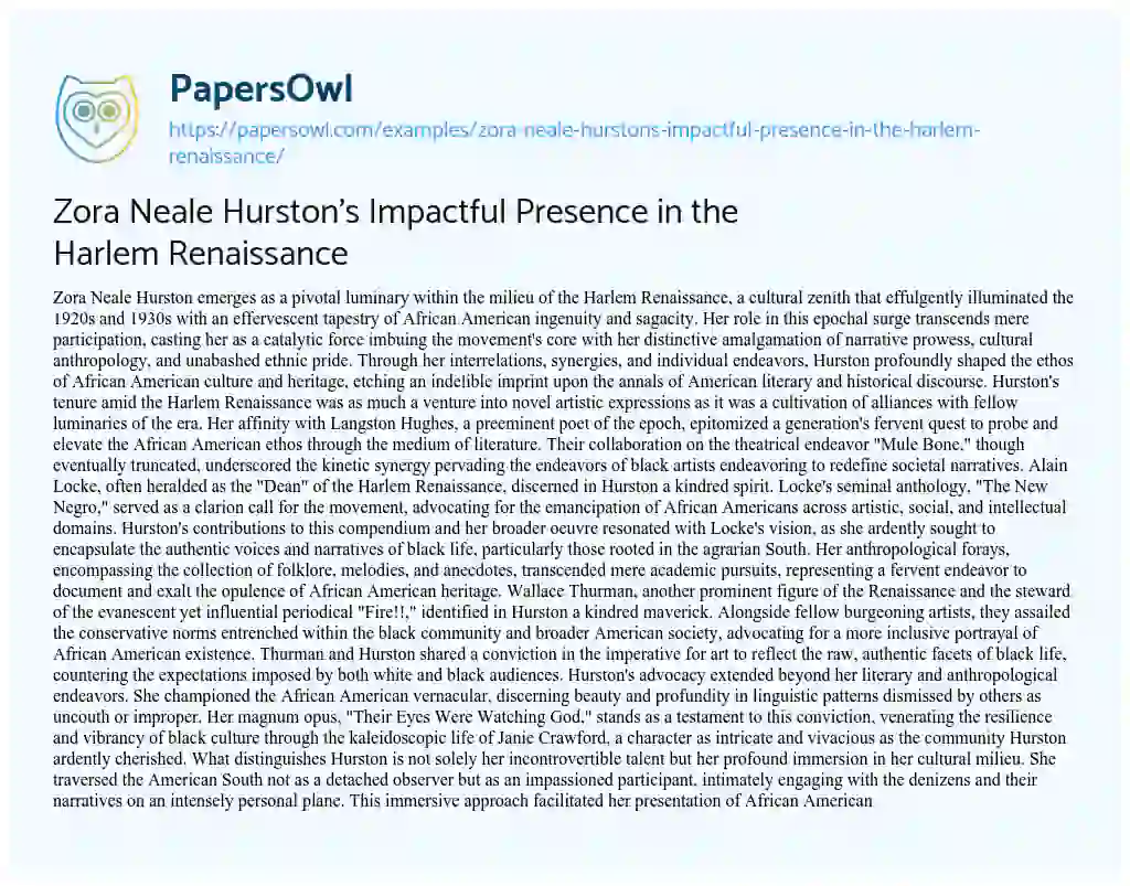 Essay on Zora Neale Hurston’s Impactful Presence in the Harlem Renaissance