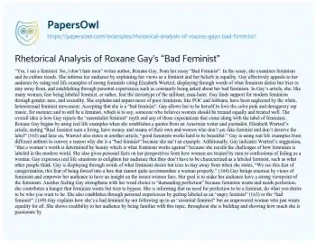 Essay on Rhetorical Analysis of Roxane Gay’s “Bad Feminist”