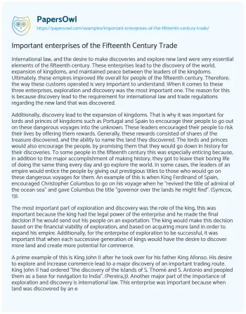 Essay on Important Enterprises of the Fifteenth Century Trade