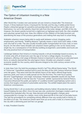 Essay on The Option of Urbanism Investing in a New American Dream