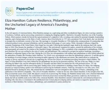 Essay on Eliza Hamilton: Culture Resilience, Philanthropy, and the Uncharted Legacy of America’s Founding Mother