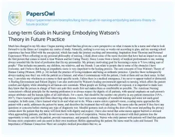 Essay on Long-term Goals in Nursing: Embodying Watson’s Theory in Future Practice