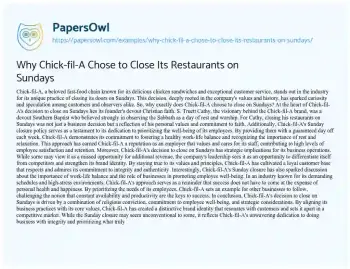 Essay on Why Chick-fil-A Chose to Close its Restaurants on Sundays