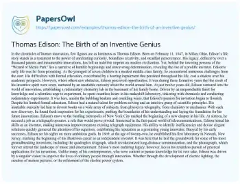 Essay on Thomas Edison: the Birth of an Inventive Genius