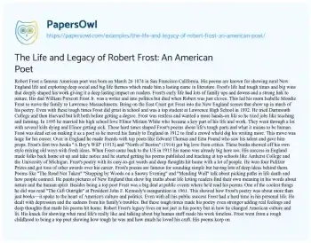 Essay on The Life and Legacy of Robert Frost: an American Poet