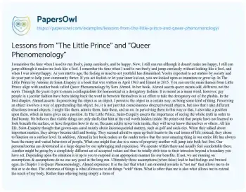 Essay on Lessons from “The Little Prince” and “Queer Phenomenology”