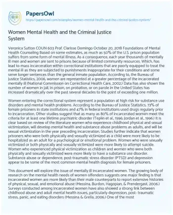 Essay on Women Mental Health and the Criminal Justice System