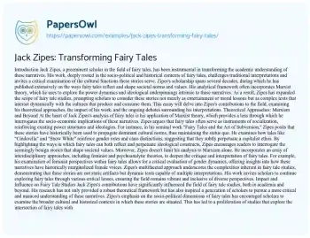 Essay on Jack Zipes: Transforming Fairy Tales