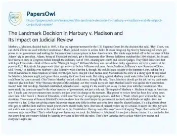 Essay on The Landmark Decision in Marbury V. Madison and its Impact on Judicial Review