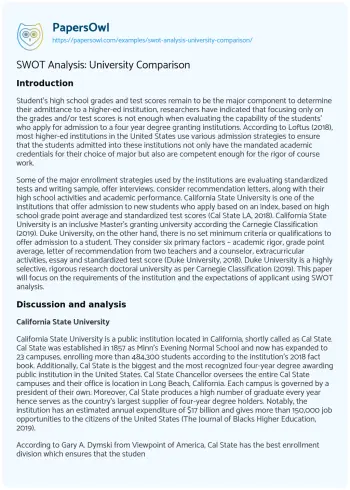 Essay on SWOT Analysis: University Comparison