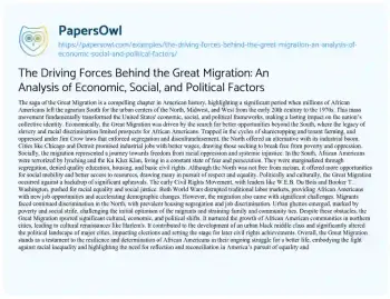 Essay on The Driving Forces Behind the Great Migration: an Analysis of Economic, Social, and Political Factors