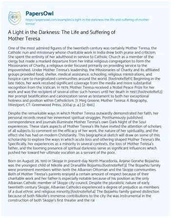 Essay on A Light in the Darkness: the Life and Suffering of Mother Teresa