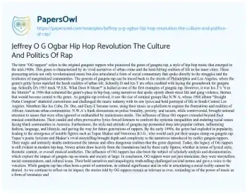 Essay on Jeffrey O G Ogbar Hip Hop Revolution the Culture and Politics of Rap