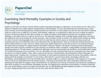 Essay on Examining Herd Mentality: Examples in Society and Psychology