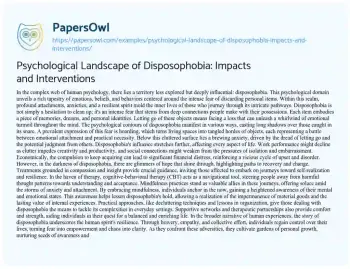 Essay on Psychological Landscape of Disposophobia: Impacts and Interventions