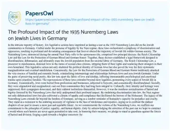 Essay on The Profound Impact of the 1935 Nuremberg Laws on Jewish Lives in Germany