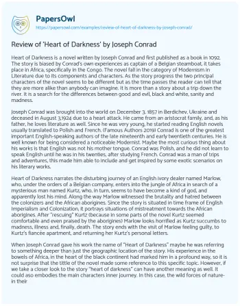 Essay on Review of ‘Heart of Darkness’ by Joseph Conrad