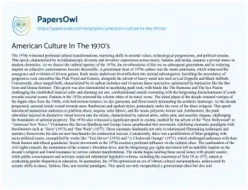 Essay on American Culture in the 1970’s