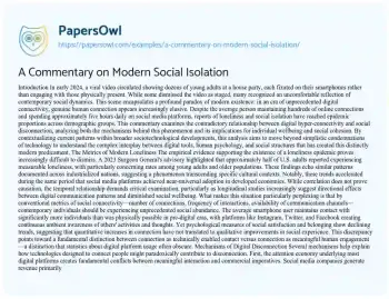 Essay on A Commentary on Modern Social Isolation