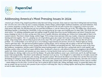 Essay on Addressing America’s most Pressing Issues in 2024