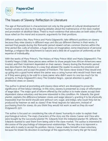 Essay on The Issues of Slavery: Reflection in Literature